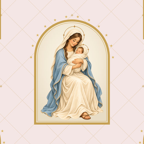 Close-up of Blessed Art Thou Madonna and Child wrapping paper: Mary and Jesus in a gold arched frame on blush