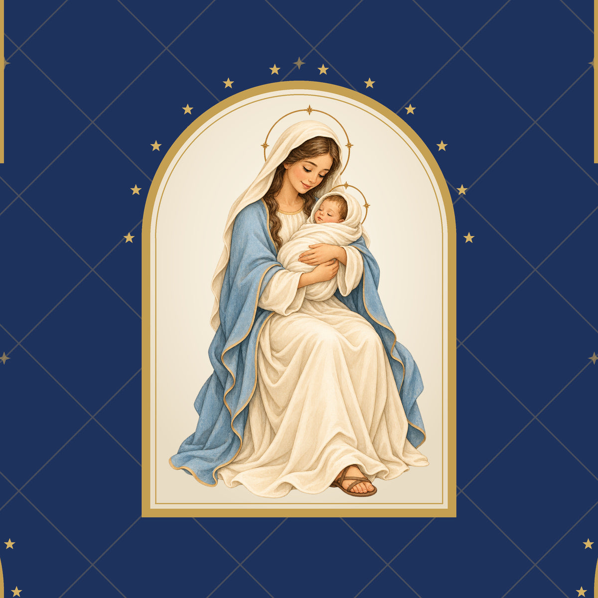 Close-up of Silent Night Madonna and Child wrapping paper: Mary and Jesus in a gold arched frame on navy