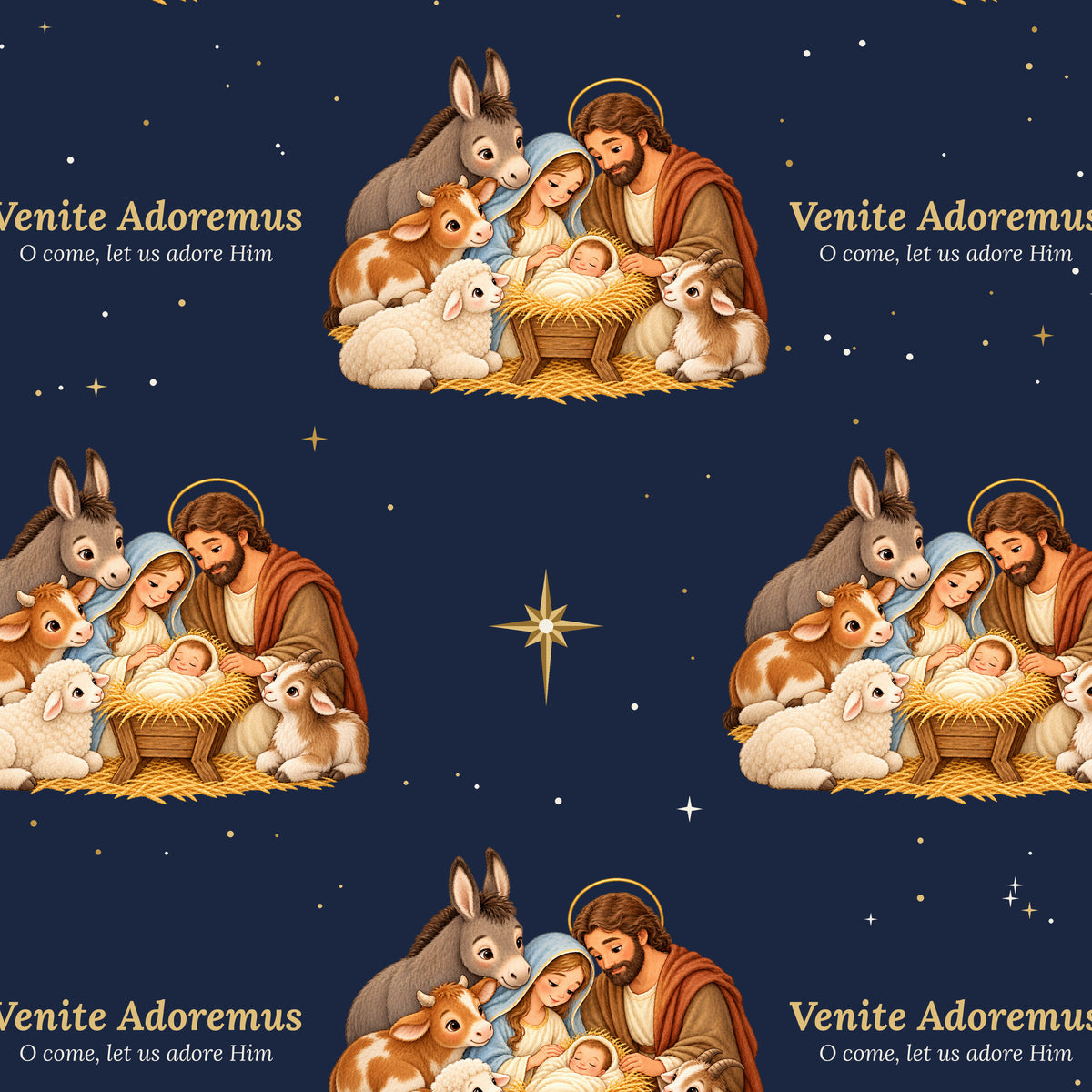 Venite Adoremus nativity Christmas wrapping paper close-up on navy with gold stars