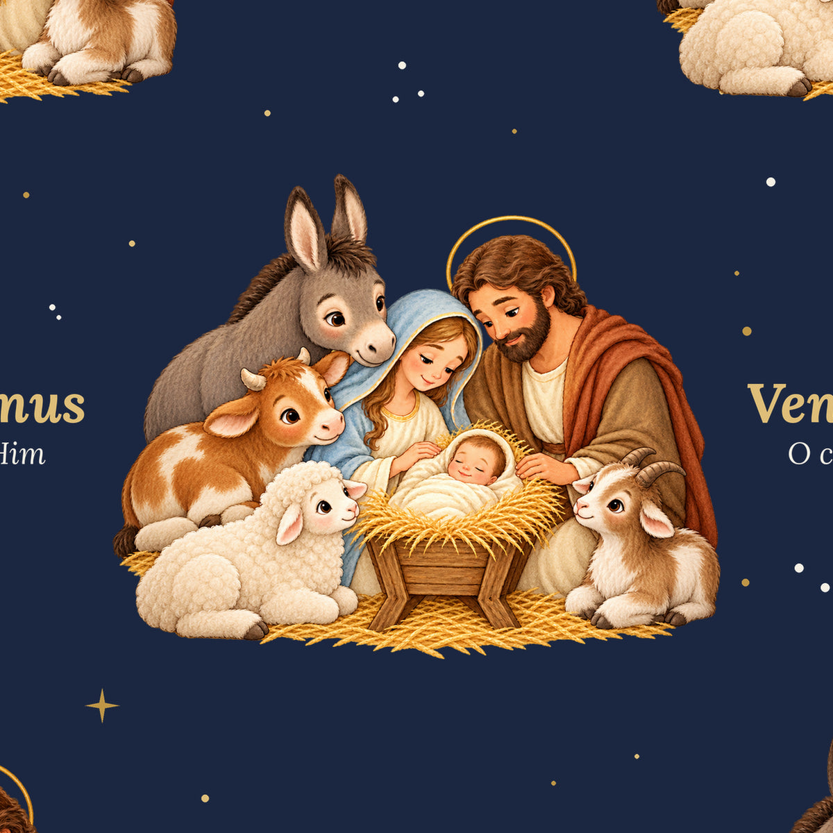 Close-up of Venite Adoremus nativity wrapping paper: the Holy Family in the manger with gold lettering