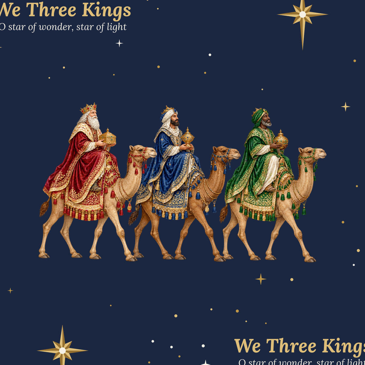 Close-up of We Three Kings wrapping paper: the Magi on camels with gold lettering